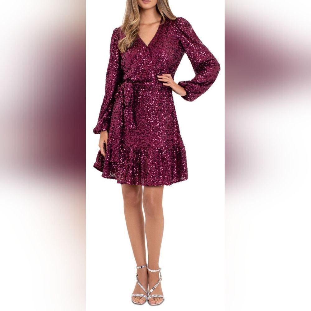 BETSY & ADAM Burgundy Belted Lined Flounce Hem Dress NWT Size 12
